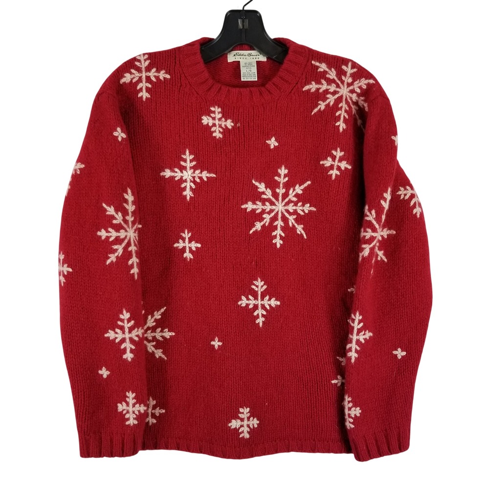 VTG Eddie Bauer Sweater Womens L Petite Red Wool Snowflake Embroidered Pullover